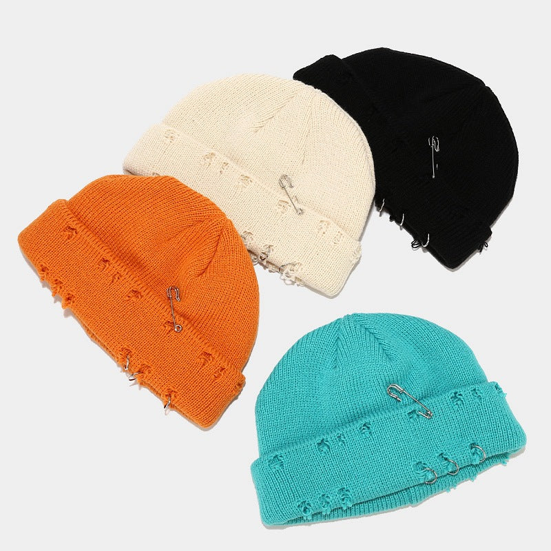Wholesale Hoop Pin Ripped Wool Knitted Hat