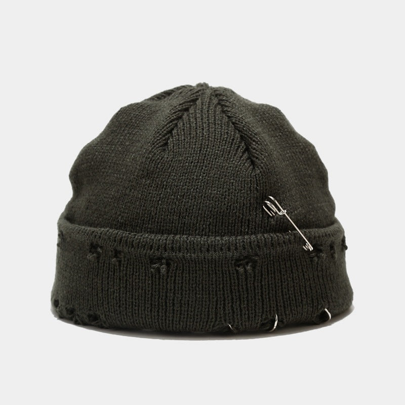 Wholesale Hoop Pin Ripped Wool Knitted Hat
