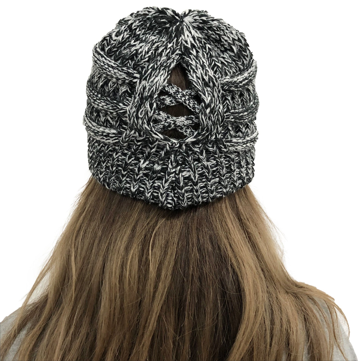 Wholesale Cross Ponytail Back Open Knit Hat