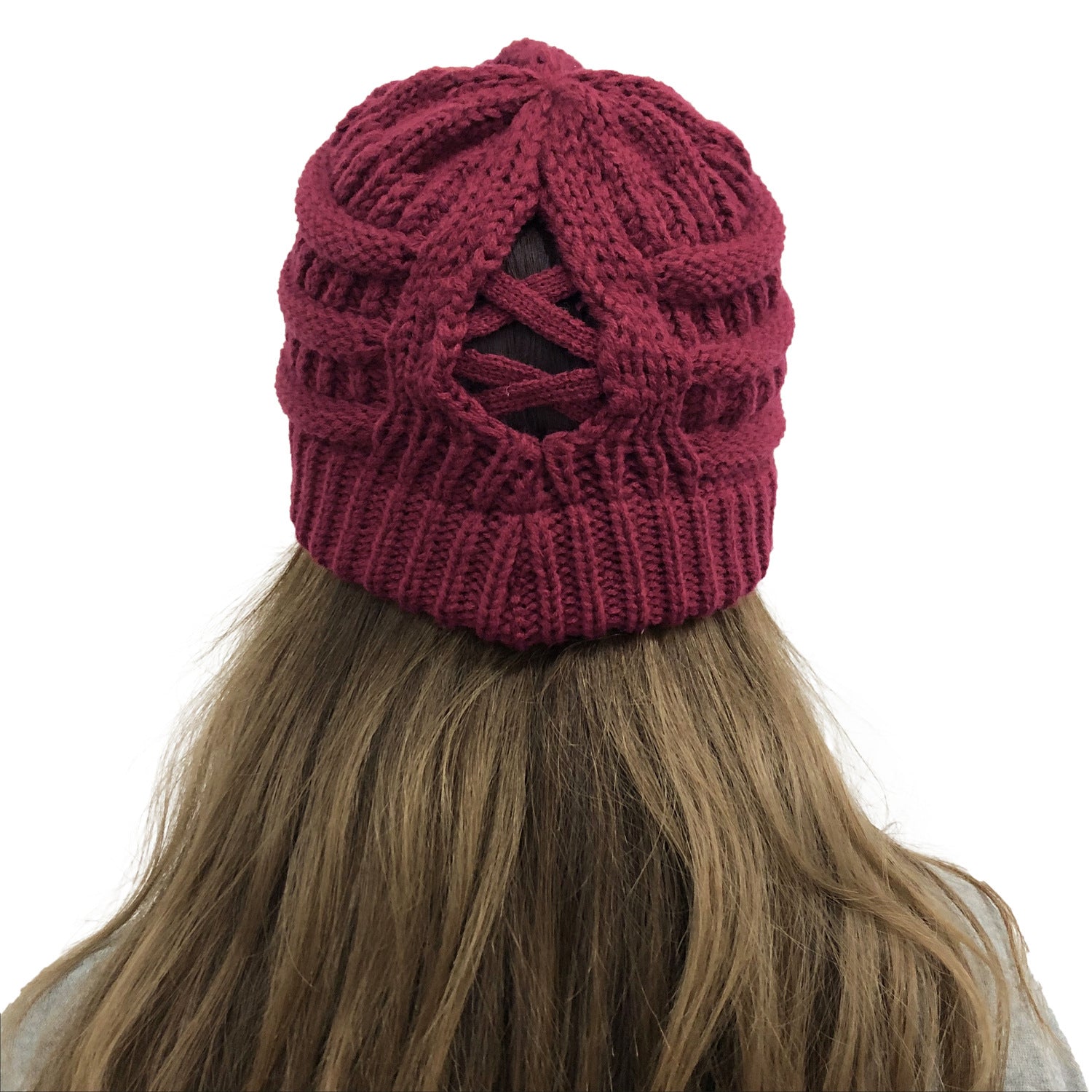 Wholesale Cross Ponytail Back Open Knit Hat