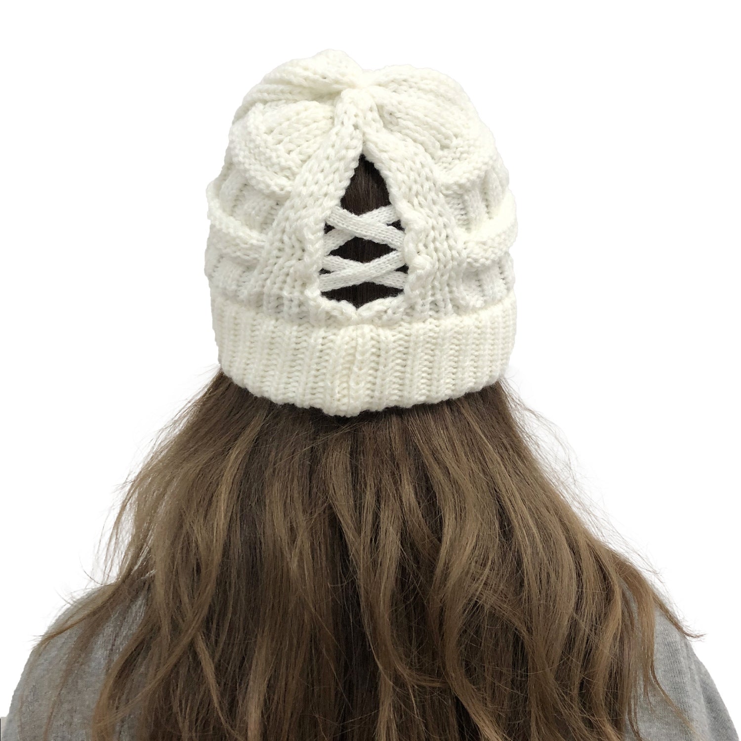 Wholesale Bamboo Cross Ponytail Knitted Back Opening Wool Warm Hat