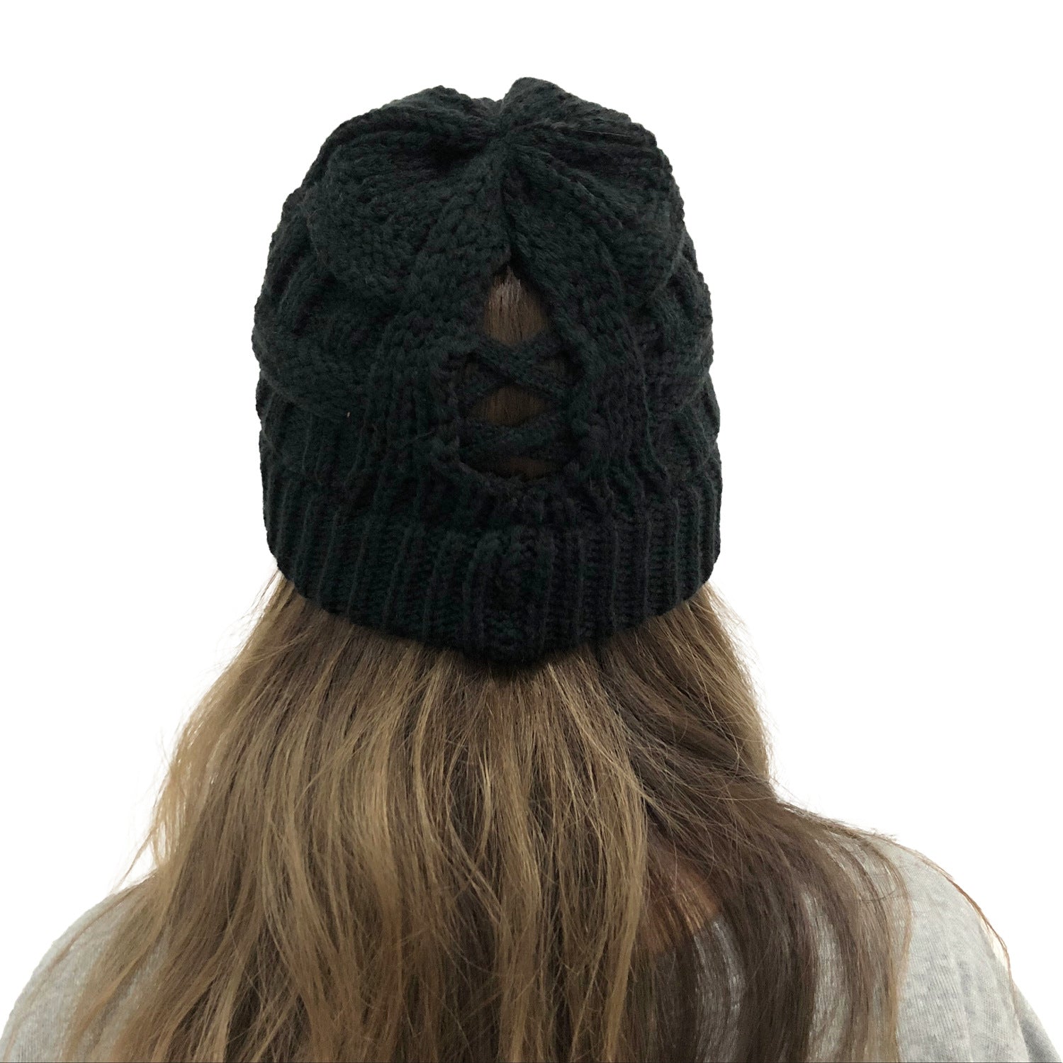 Wholesale Bamboo Cross Ponytail Knitted Back Opening Wool Warm Hat