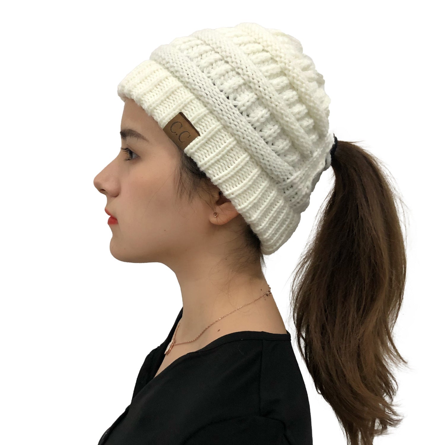 Wholesale Cross Ponytail Back Opening Knitted Hat