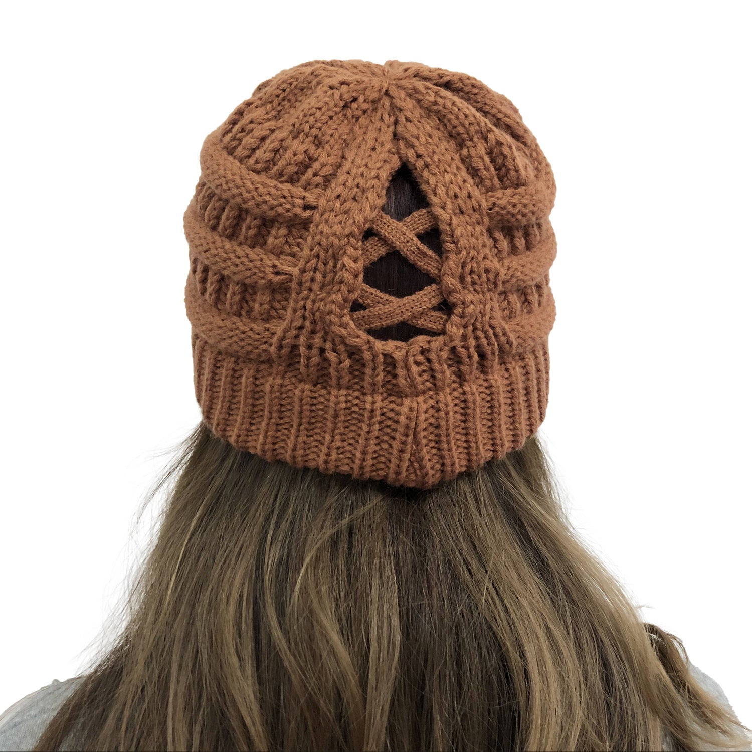 Wholesale Cross Ponytail Back Opening Knitted Hat