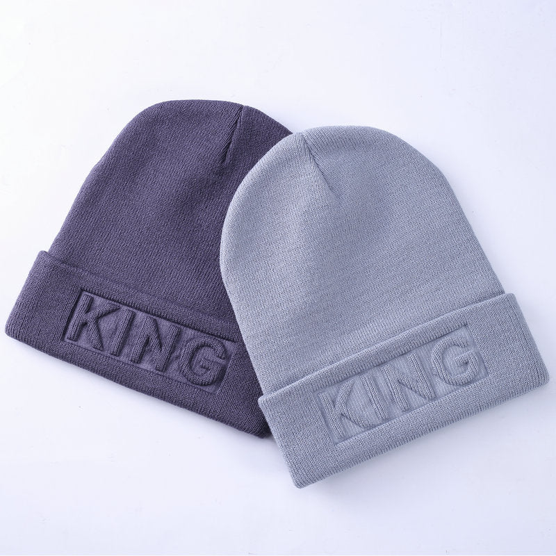 Wholesale KING QUEEN Solid Color Knitted Hat Warm Woolen Hat