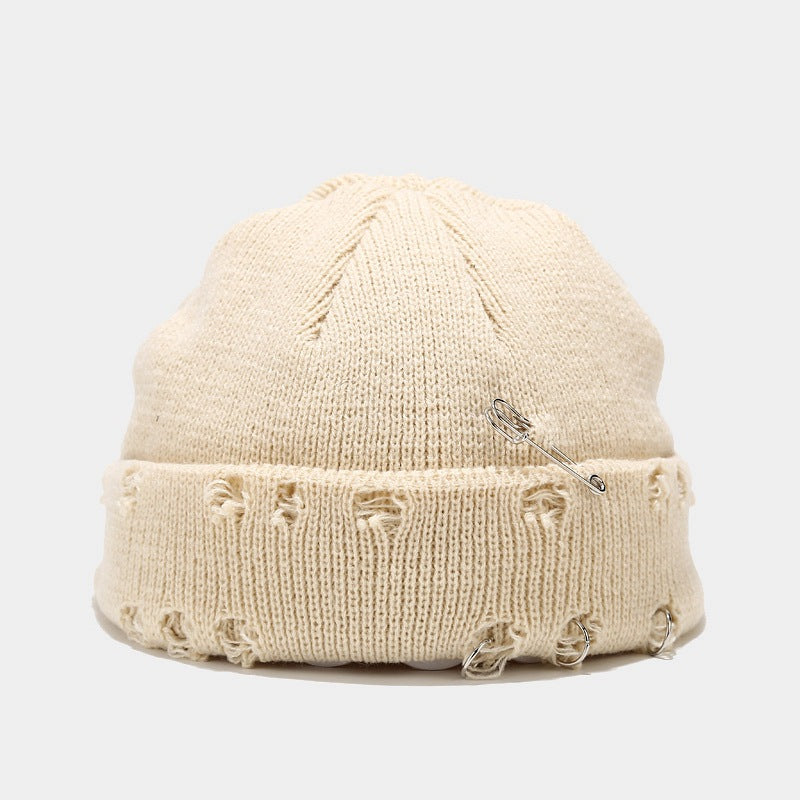 Wholesale Hoop Pin Ripped Wool Knitted Hat