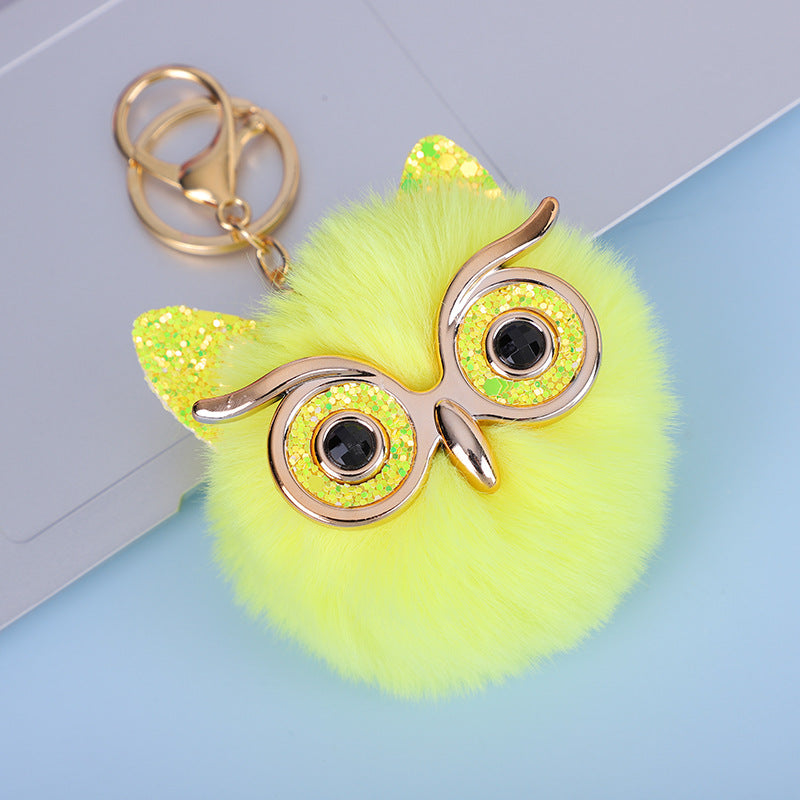 Wholesale Gold Powder Sequin Owl Imitation Otter Rabbit Fur Ball Keychain