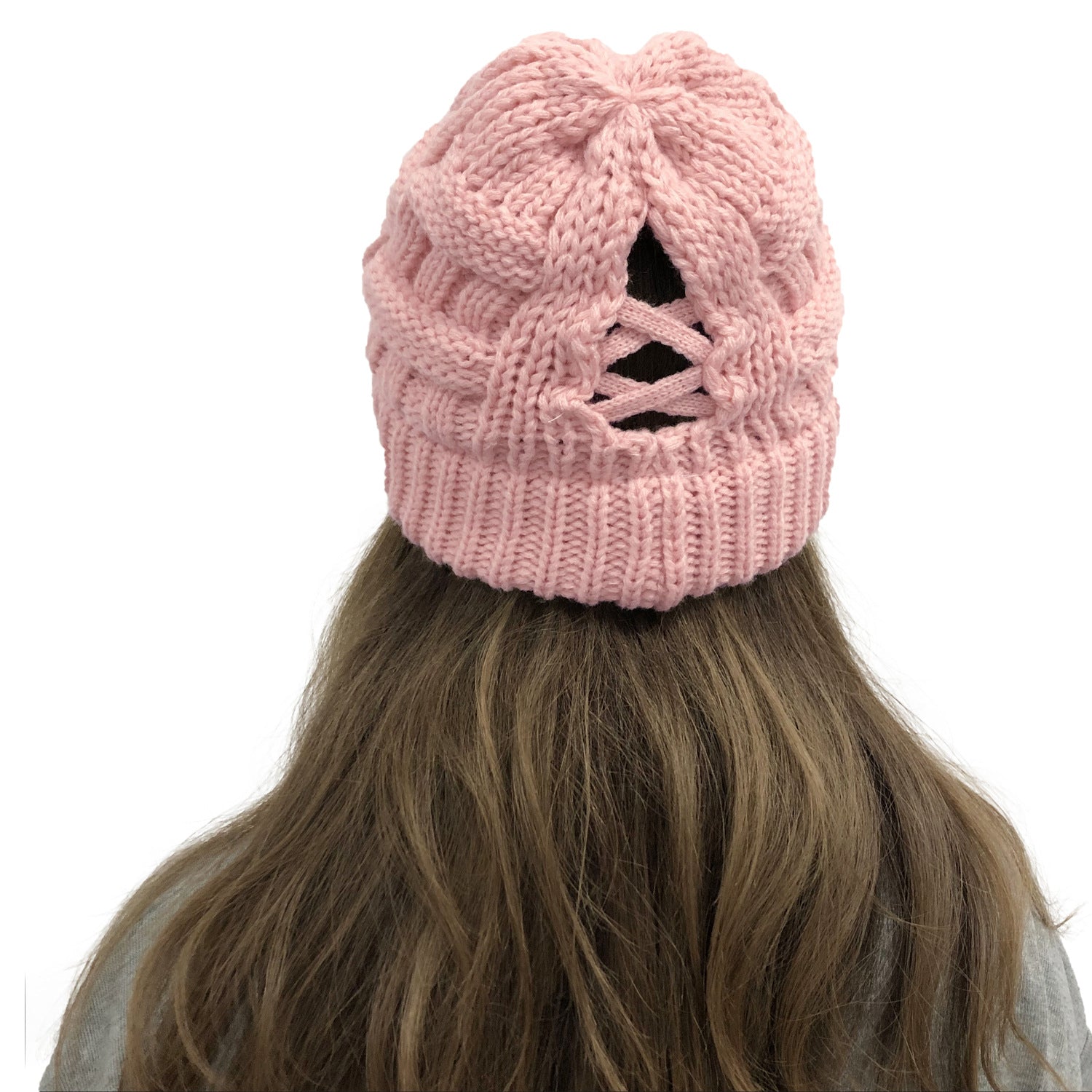 Wholesale Bamboo Cross Ponytail Knitted Back Opening Wool Warm Hat