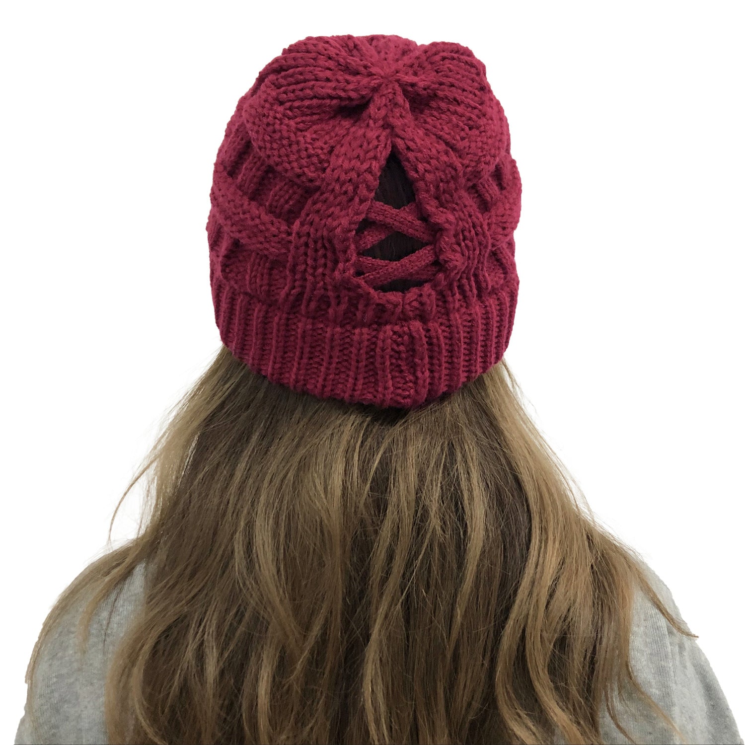 Wholesale Bamboo Cross Ponytail Knitted Back Opening Wool Warm Hat