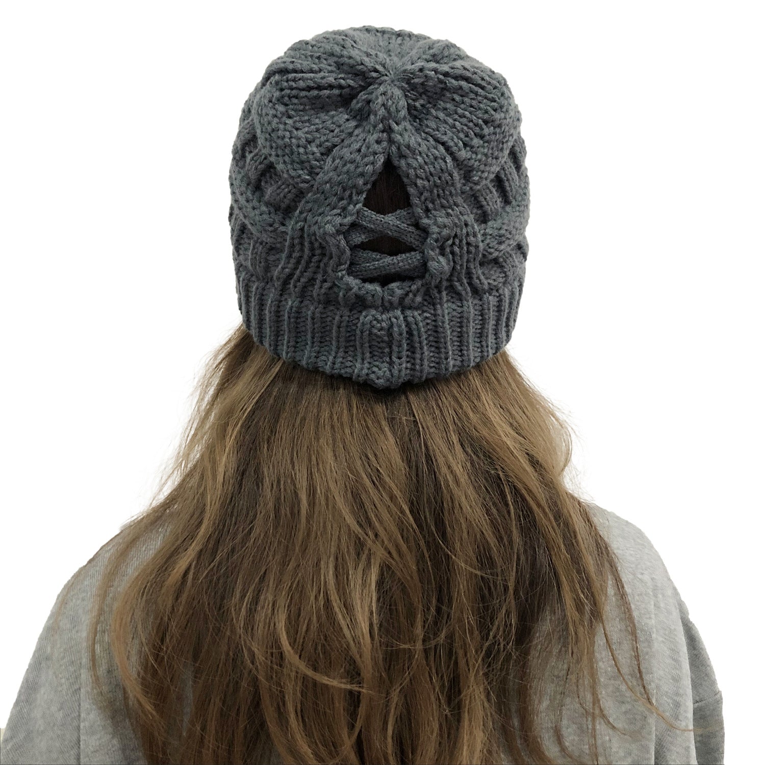 Wholesale Bamboo Cross Ponytail Knitted Back Opening Wool Warm Hat