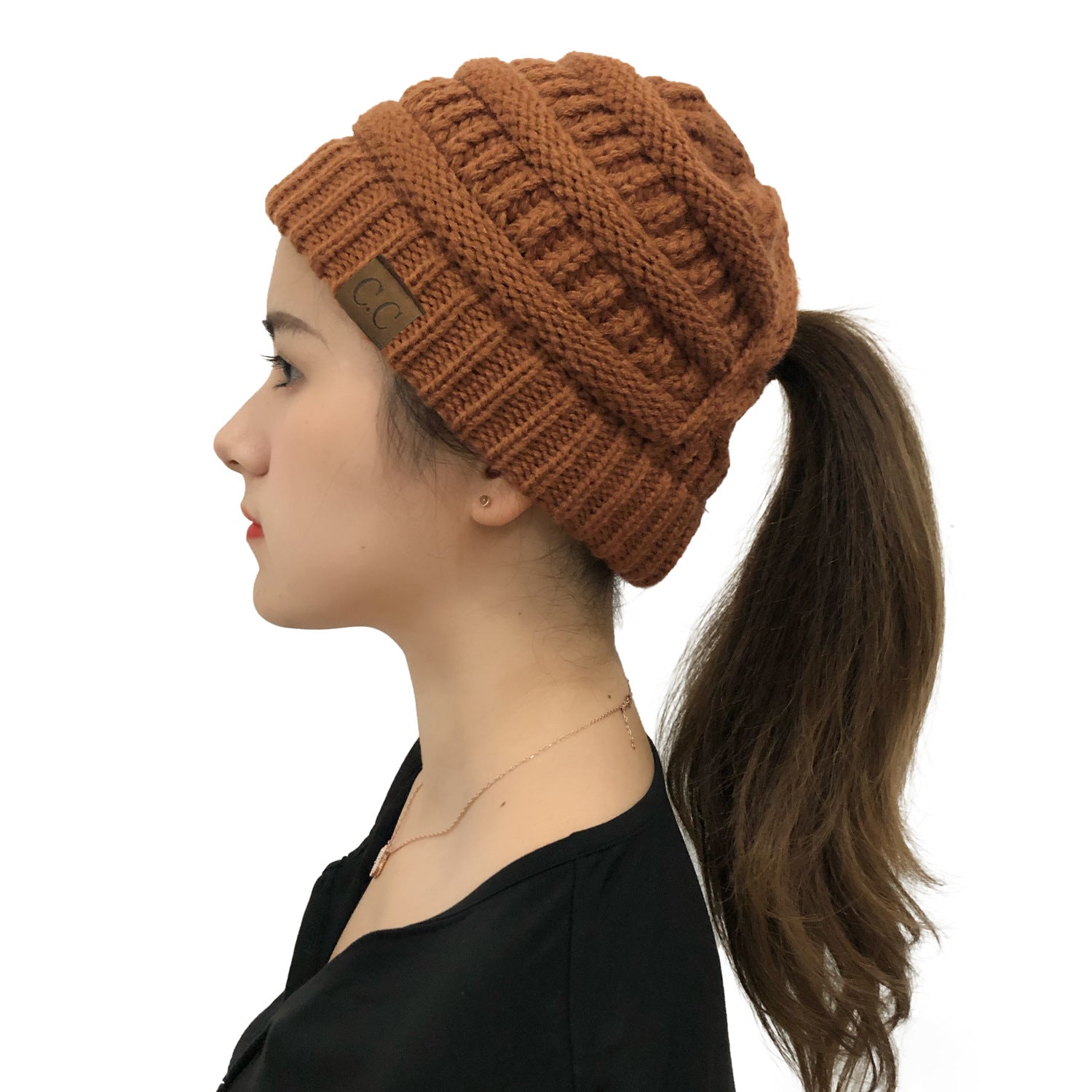 Wholesale Cross Ponytail Back Opening Knitted Hat