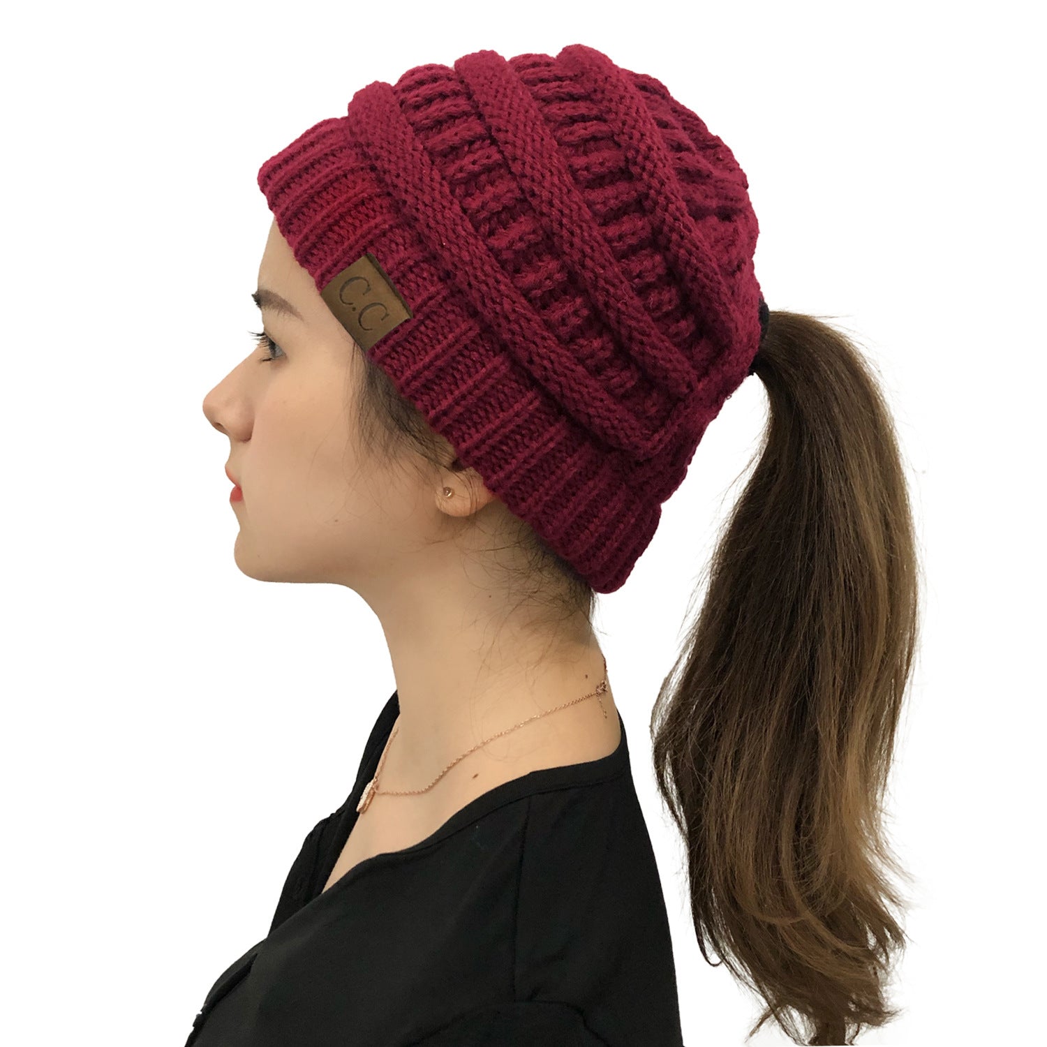 Wholesale Cross Ponytail Back Opening Knitted Hat