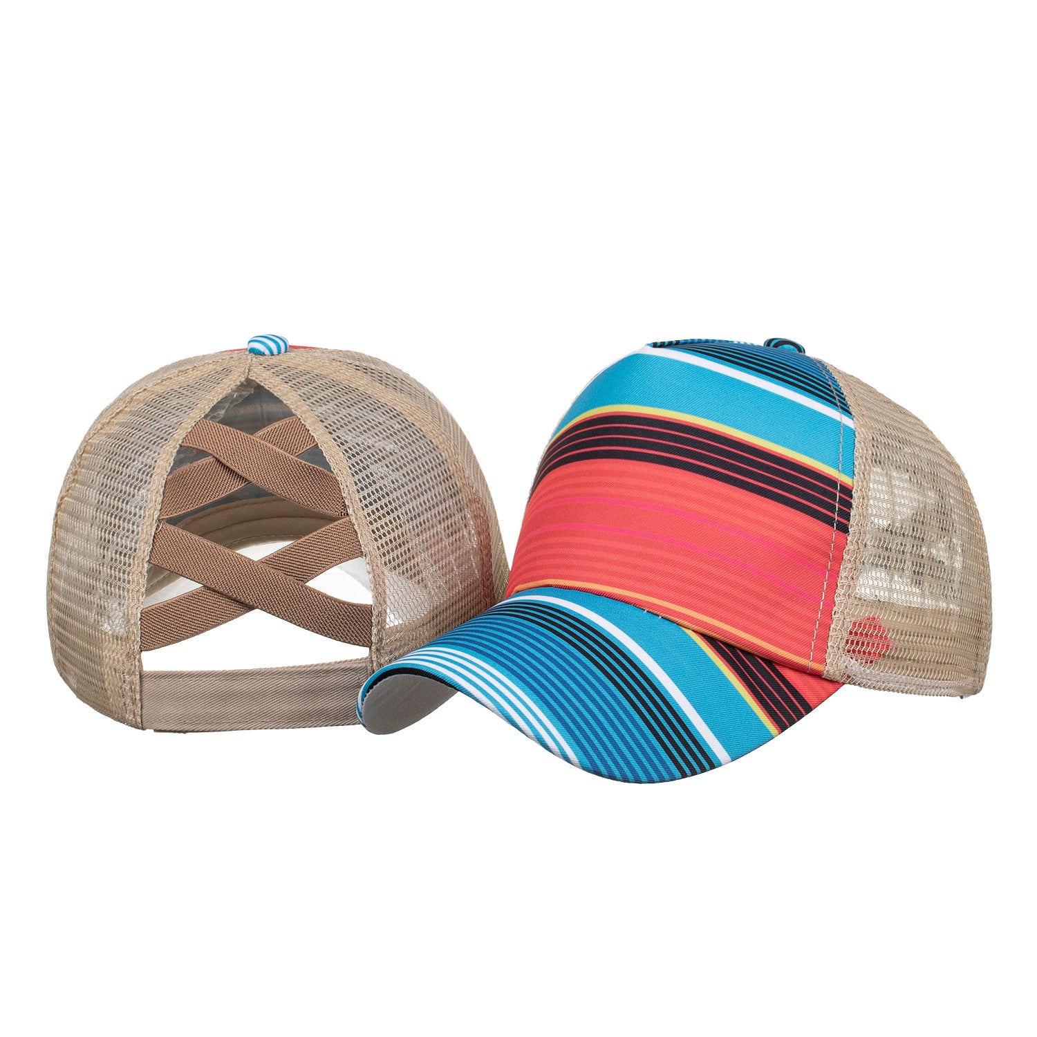 Wholesale Digital print striped cross elastic ponytail baseball cap