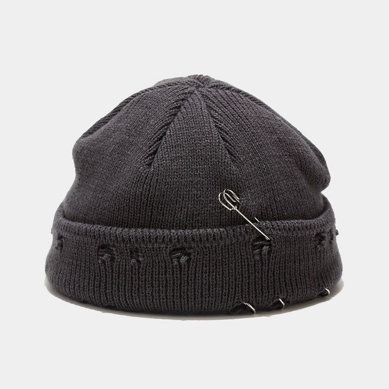 Wholesale Hoop Pin Ripped Wool Knitted Hat