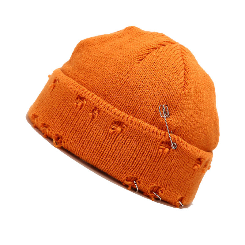 Wholesale Hoop Pin Ripped Wool Knitted Hat