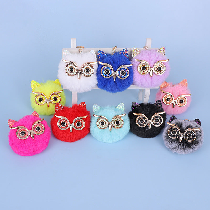 Wholesale Gold Powder Sequin Owl Imitation Otter Rabbit Fur Ball Keychain