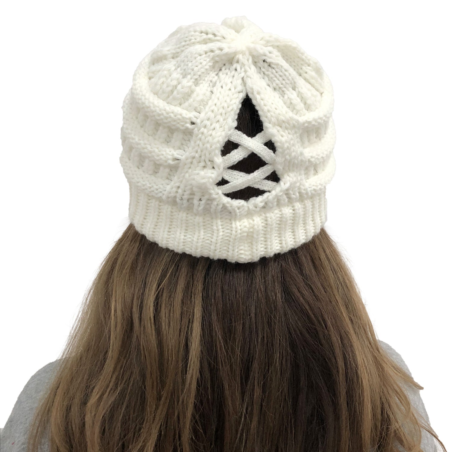Wholesale Cross Ponytail Back Open Knit Hat