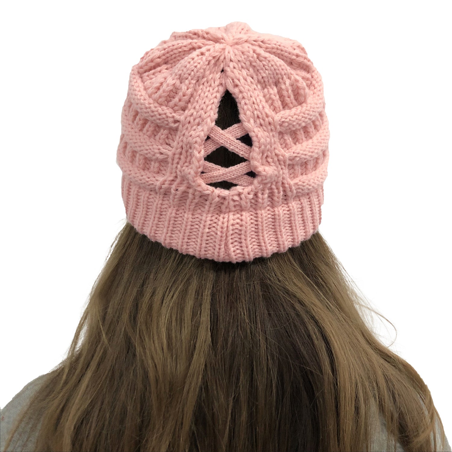 Wholesale Cross Ponytail Back Open Knit Hat