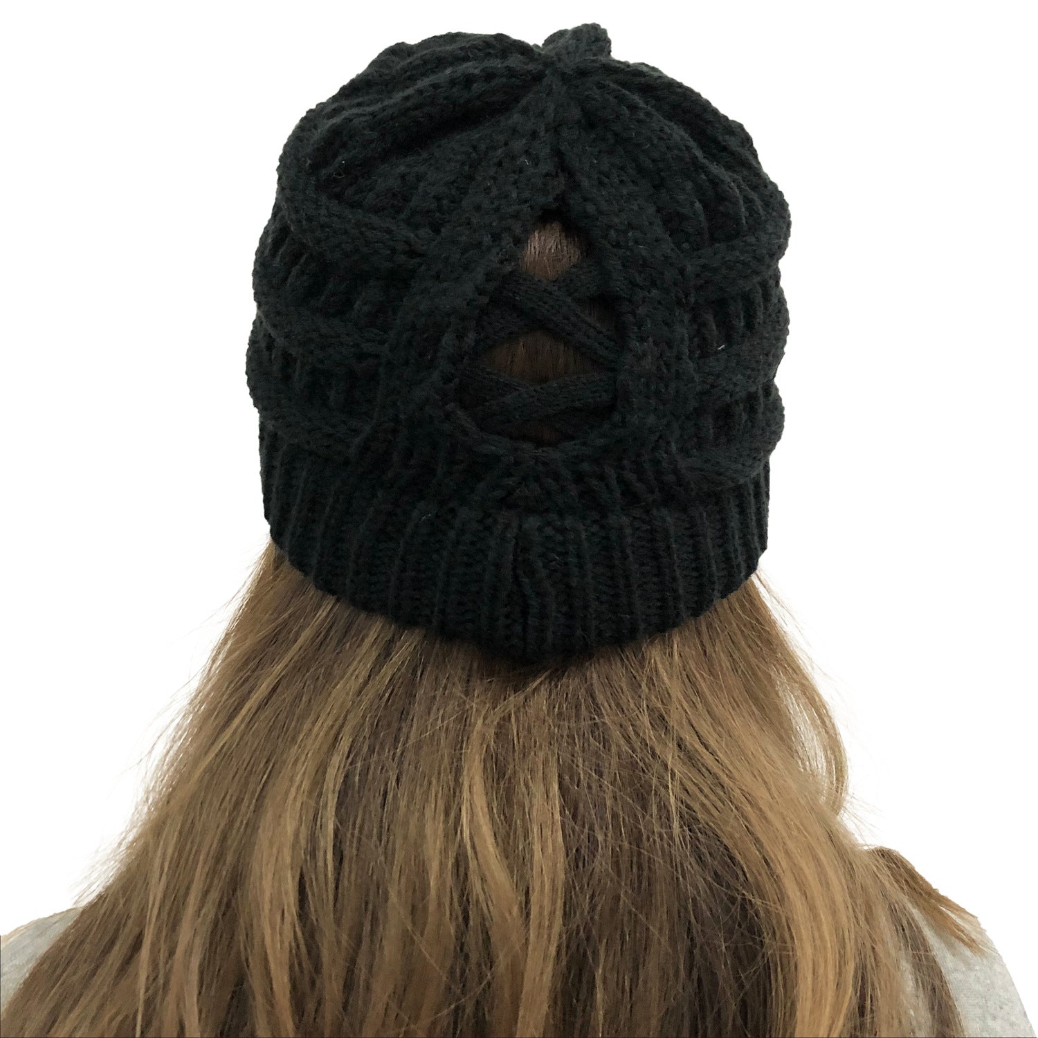 Wholesale Cross Ponytail Back Open Knit Hat