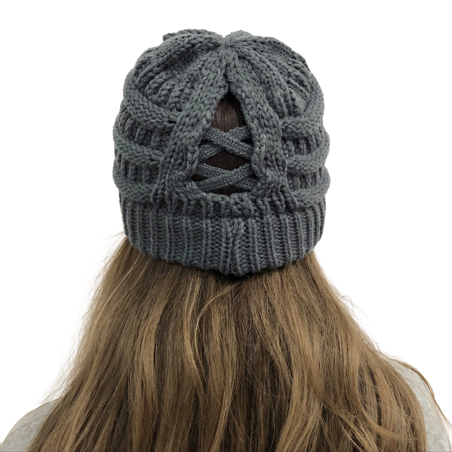 Wholesale Cross Ponytail Back Open Knit Hat