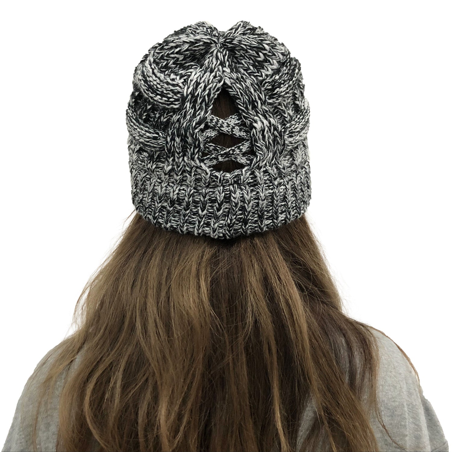 Wholesale Bamboo Cross Ponytail Knitted Back Opening Wool Warm Hat