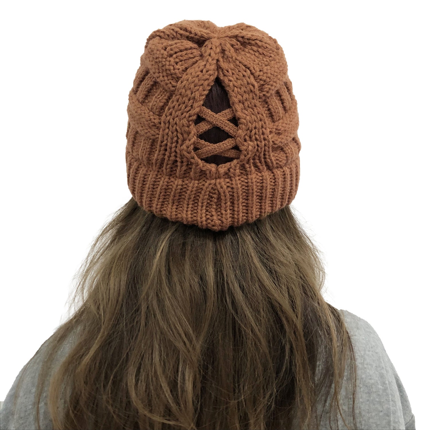 Wholesale Bamboo Cross Ponytail Knitted Back Opening Wool Warm Hat