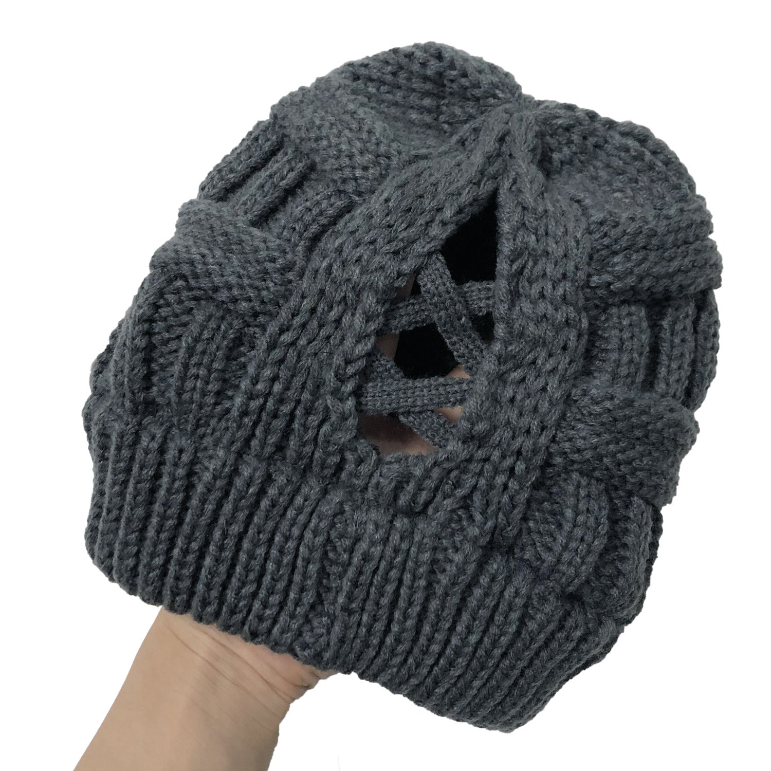 Wholesale Bamboo Cross Ponytail Knitted Back Opening Wool Warm Hat