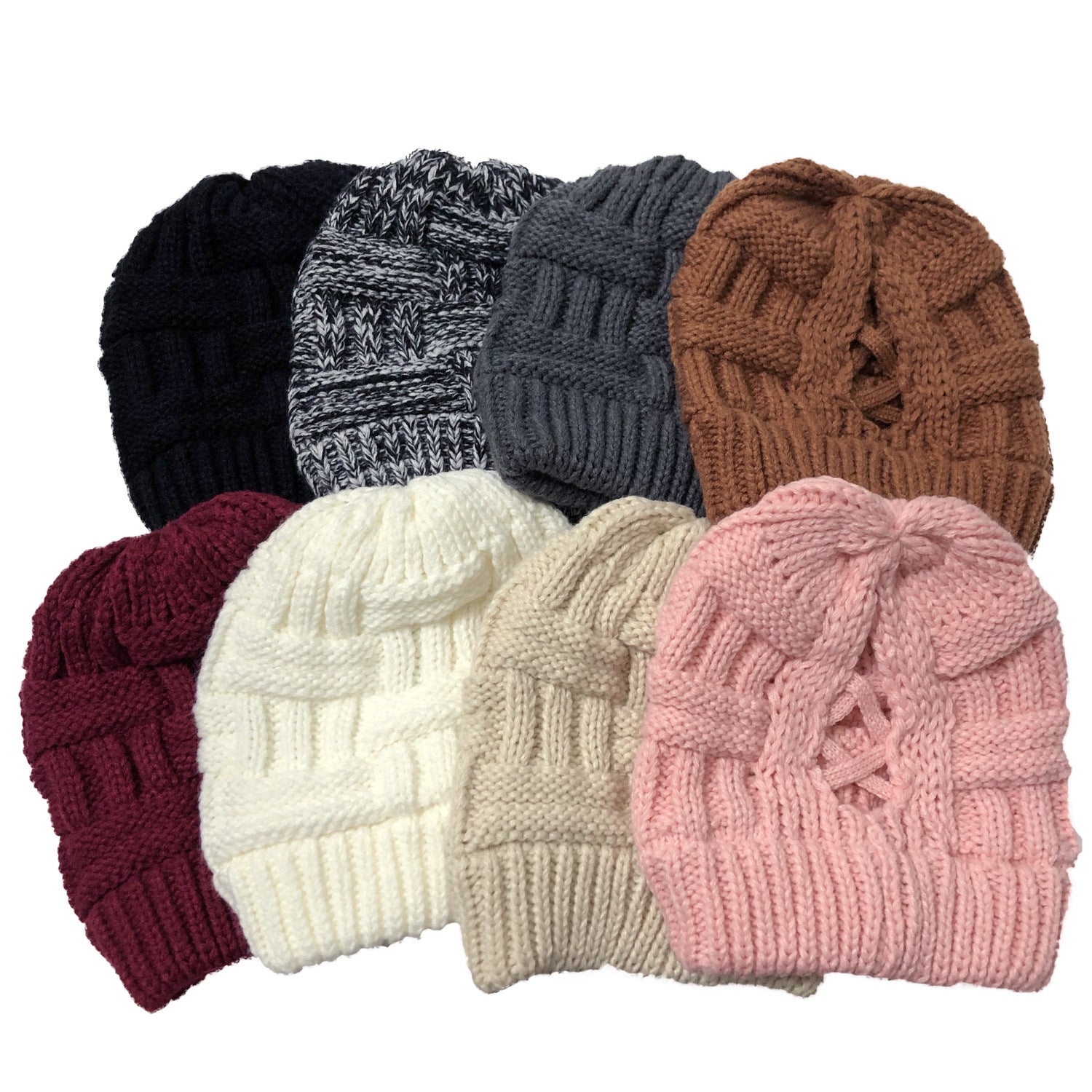 Wholesale Bamboo Cross Ponytail Knitted Back Opening Wool Warm Hat