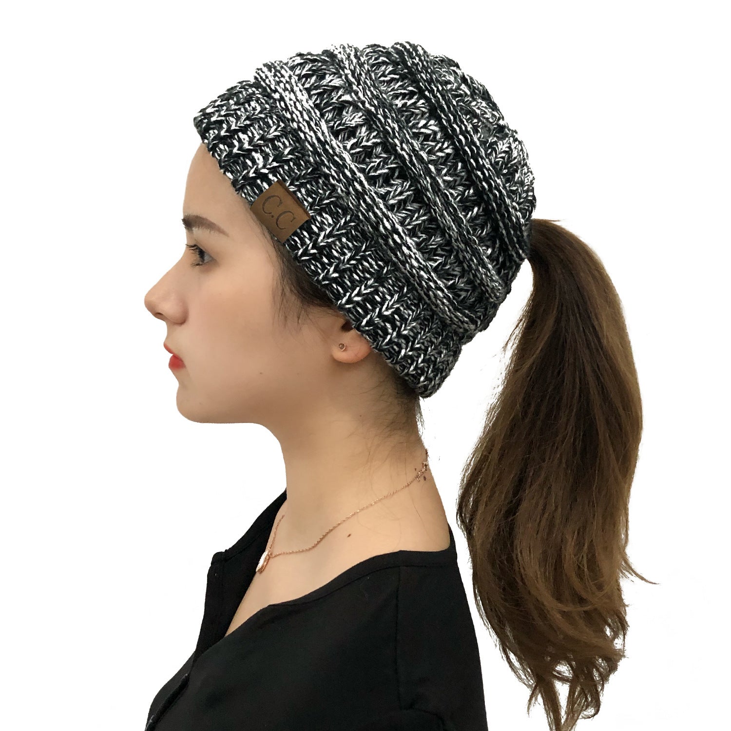 Wholesale Cross Ponytail Back Opening Knitted Hat