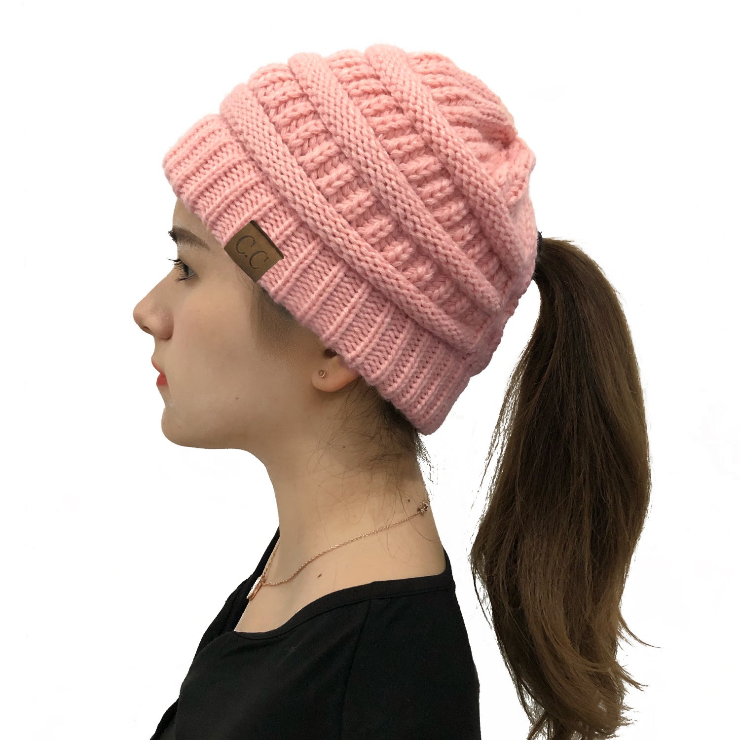 Wholesale Cross Ponytail Back Opening Knitted Hat