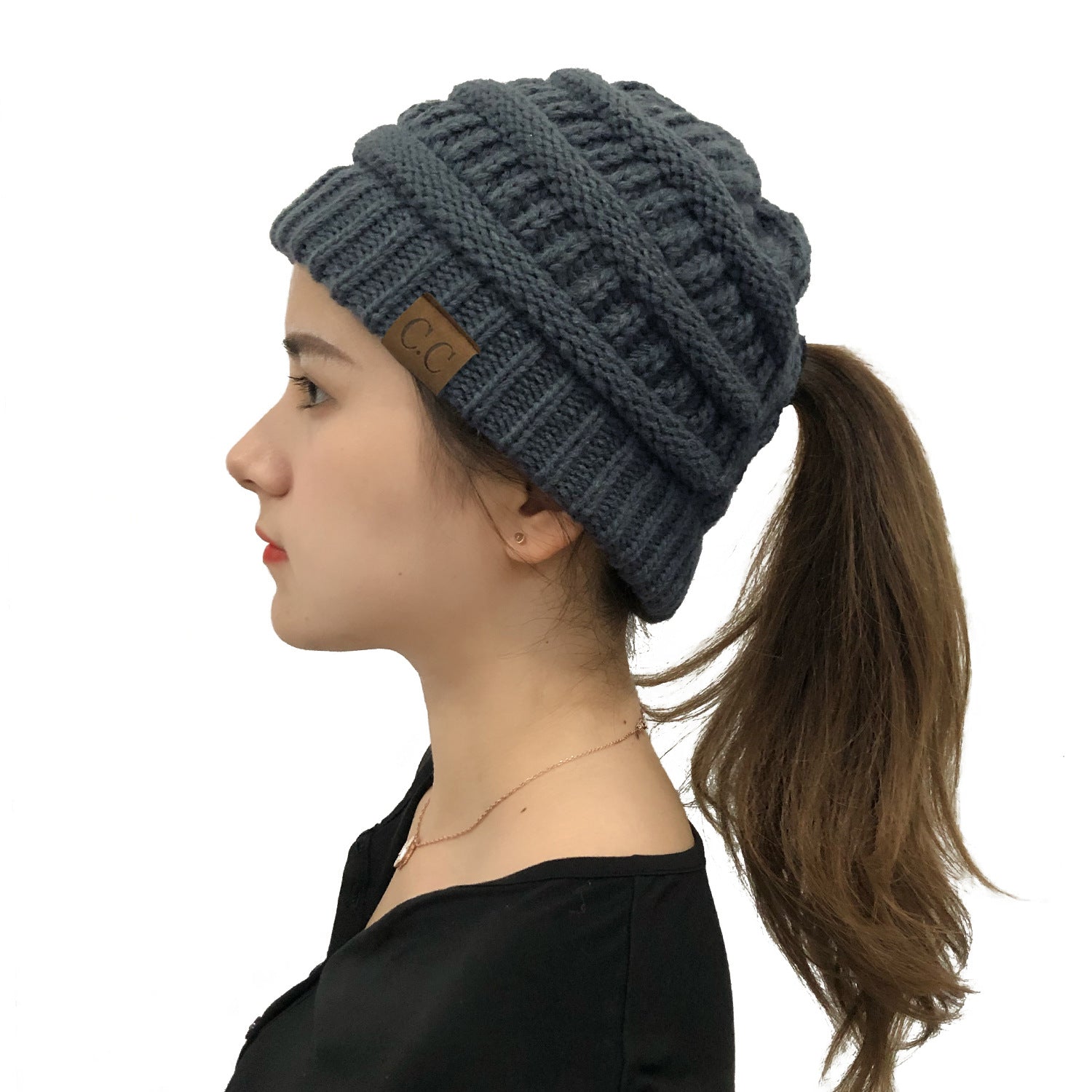 Wholesale Cross Ponytail Back Opening Knitted Hat