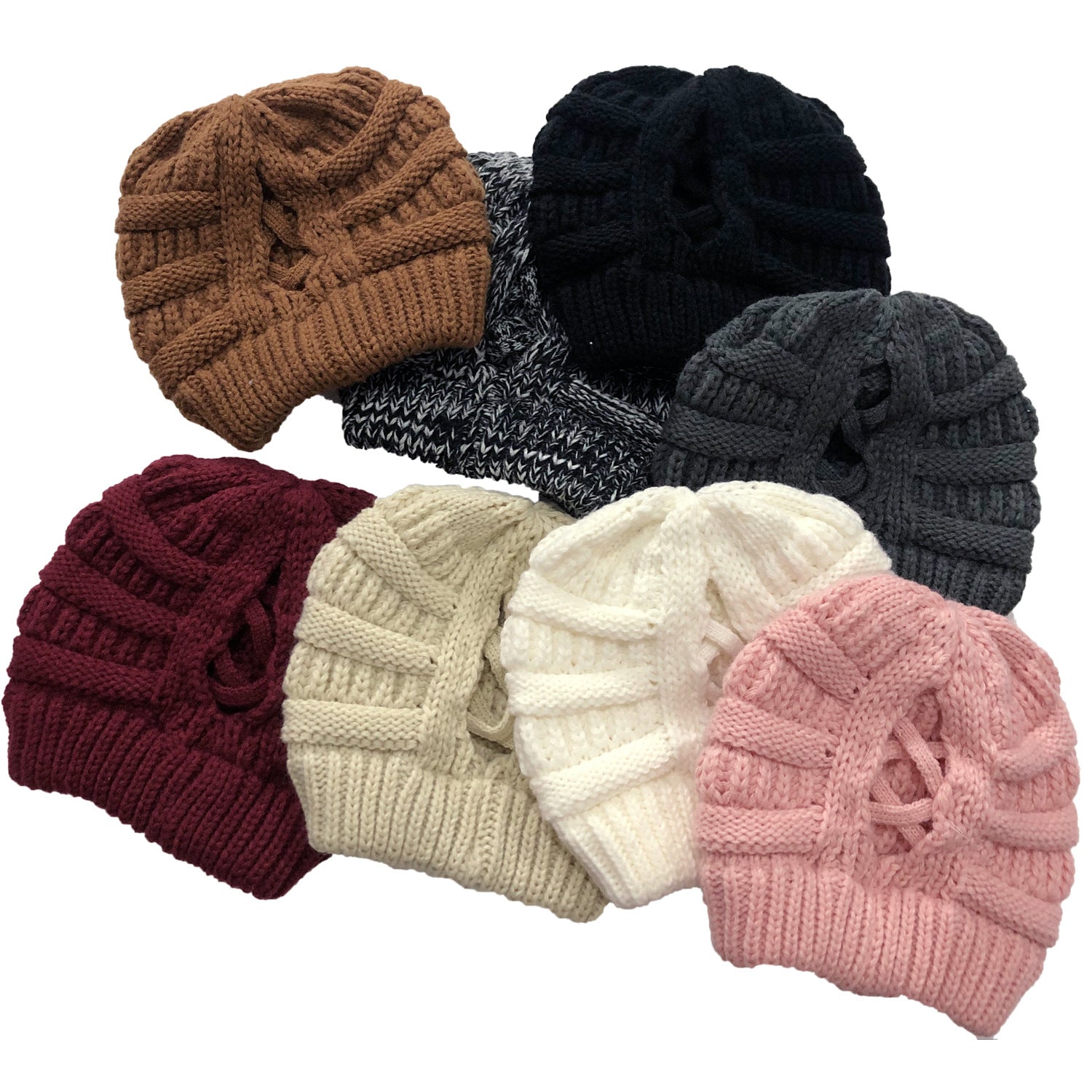 Wholesale Cross Ponytail Back Opening Knitted Hat