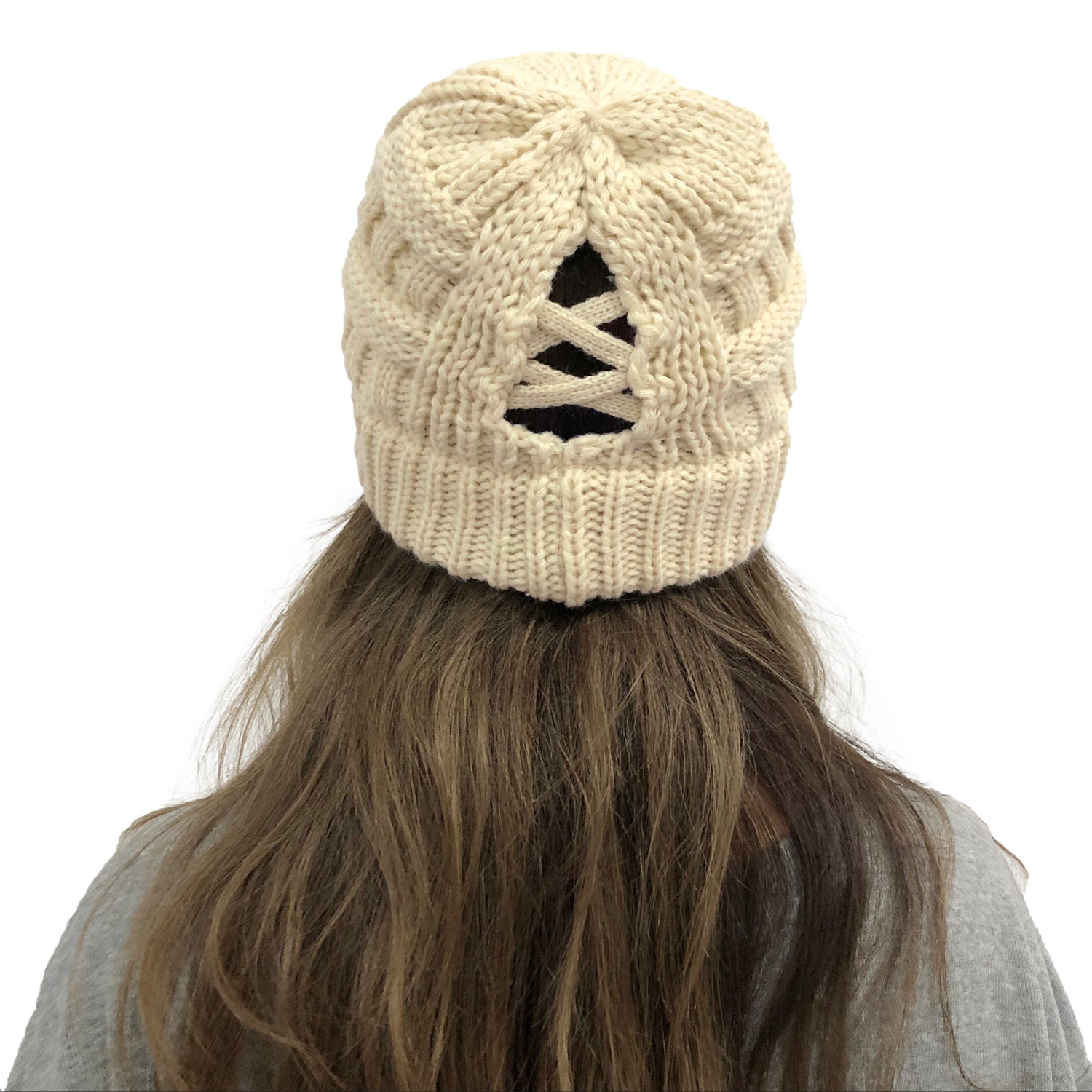 Wholesale Bamboo Cross Ponytail Knitted Back Opening Wool Warm Hat