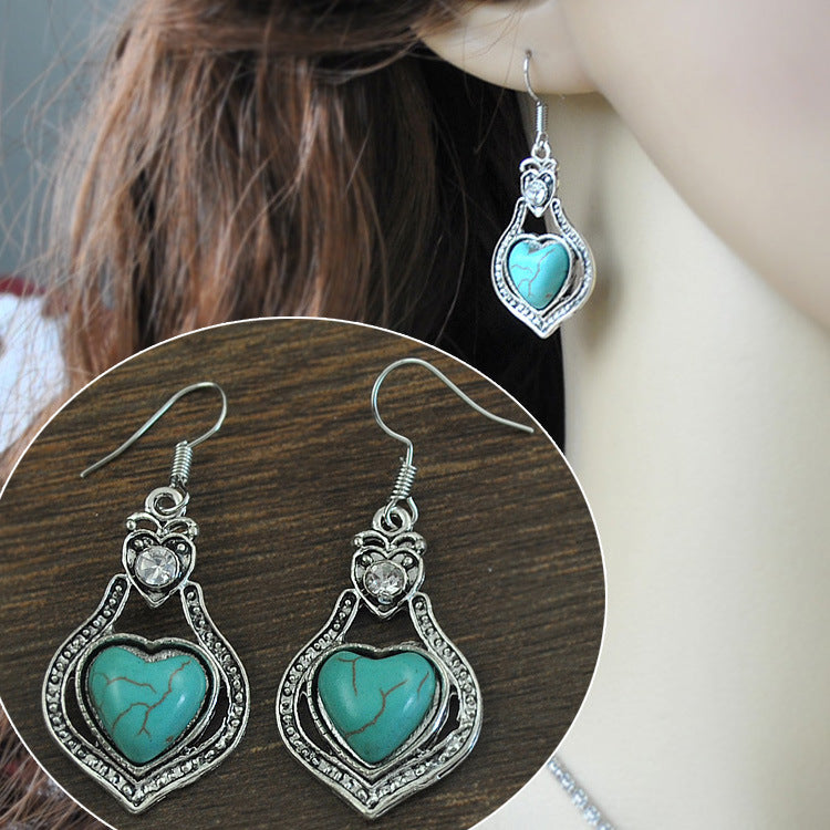 Wholesale Vintage Turquoise Hollow Heart Diamond Alloy Earrings