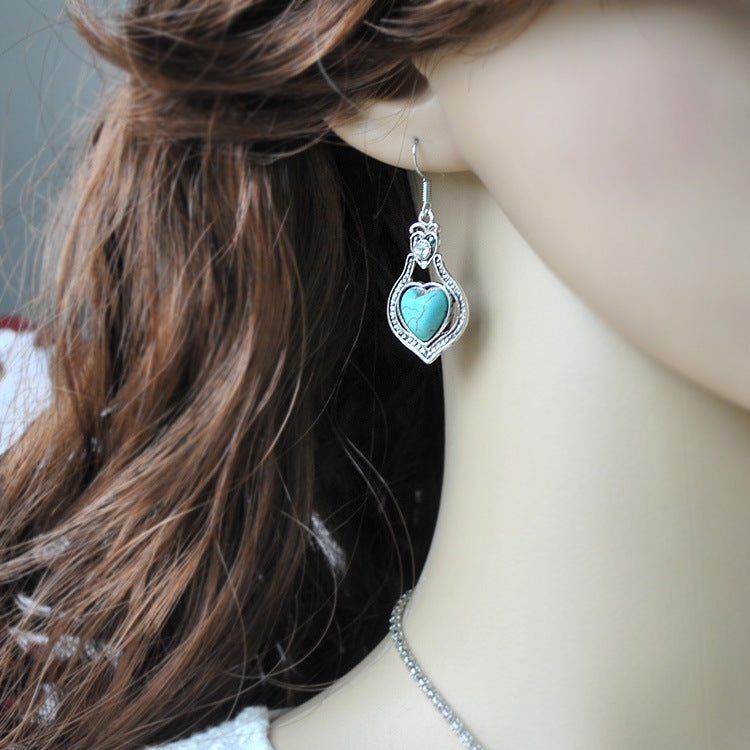 Wholesale Vintage Turquoise Hollow Heart Diamond Alloy Earrings