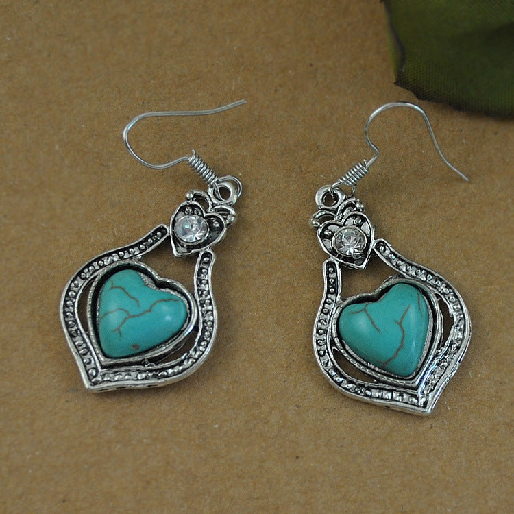 Wholesale Vintage Turquoise Hollow Heart Diamond Alloy Earrings