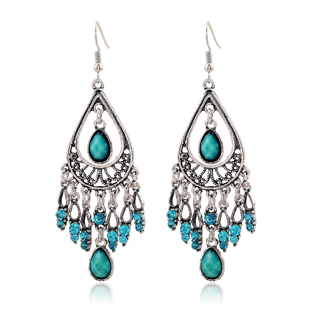 Wholesale Bohemian Alloy Diamond Hollow Water Drop Tassel Earrings