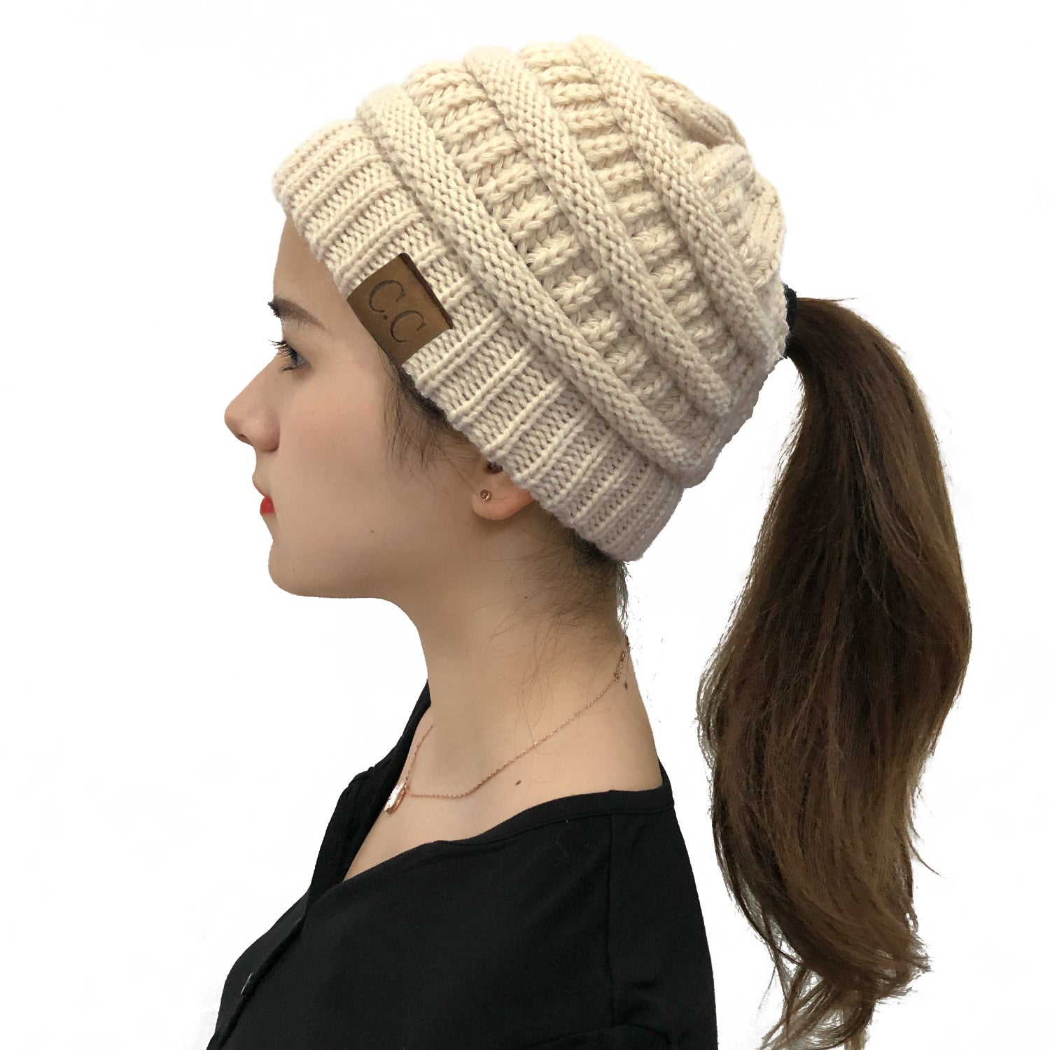 Wholesale Cross Ponytail Back Opening Knitted Hat