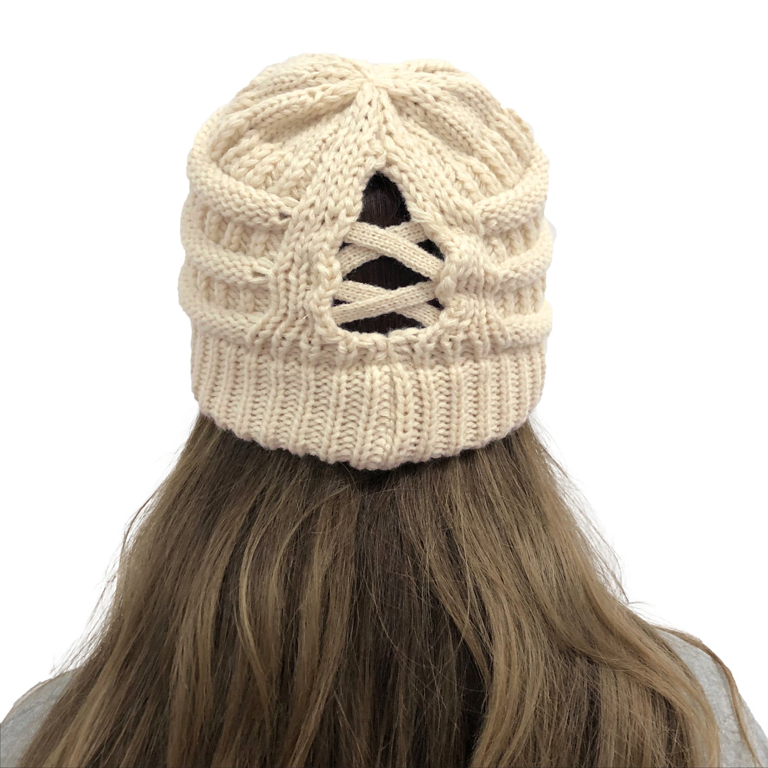 Wholesale Cross Ponytail Back Open Knit Hat