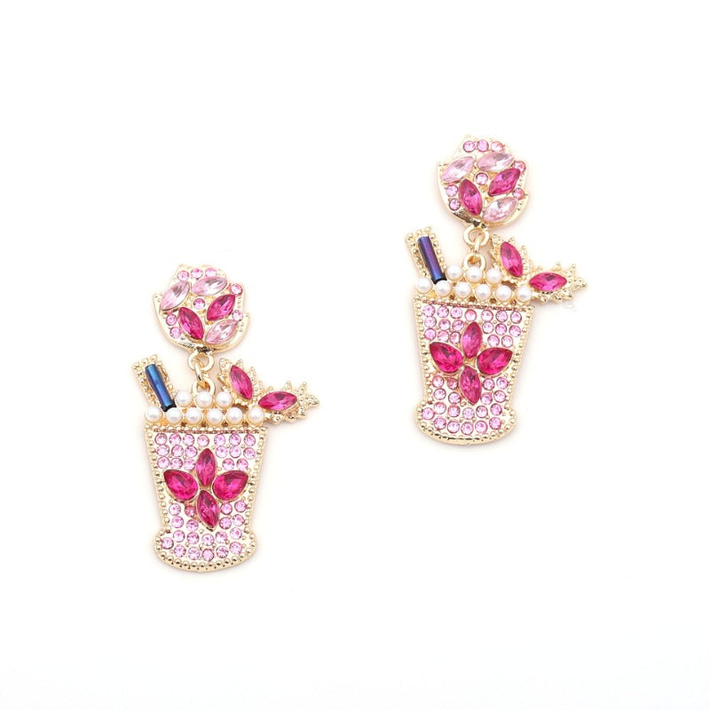 Wholesale Cold Drink Glass Shaped Pearl Studded Diamond Alloy Earrings