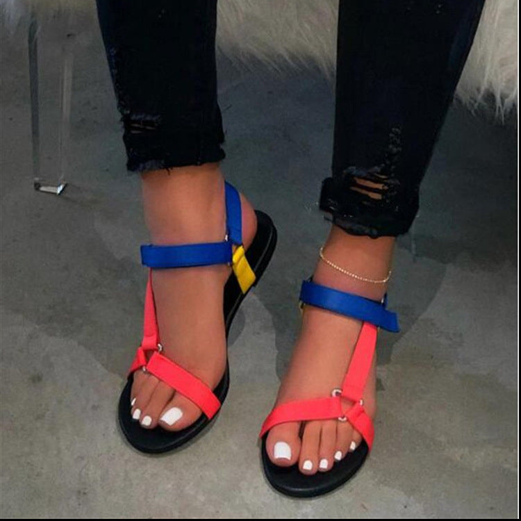 Wholesale Leopard Print Colorblock Velcro Flat Sandals