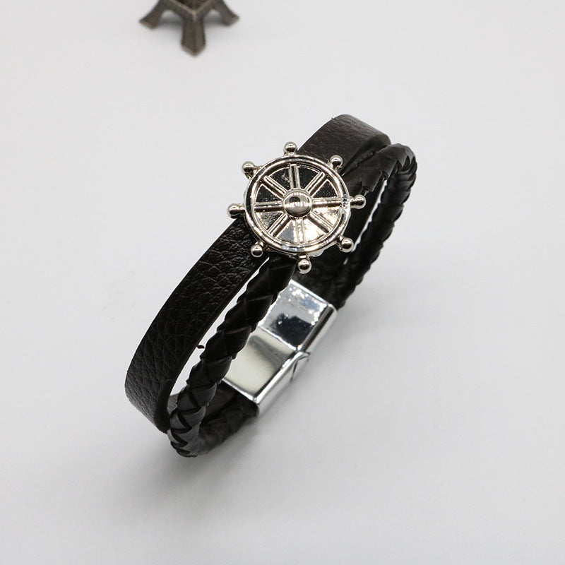 Wholesale Genuine Leather Magnetic Buckle Hand Woven Leather Rope Alloy Bracelet