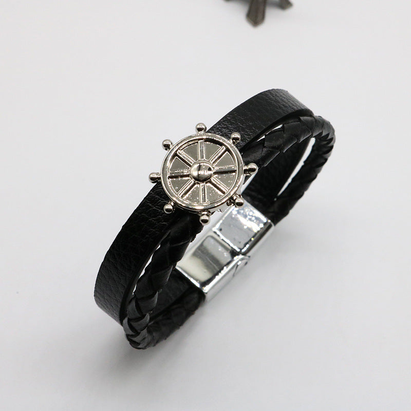 Wholesale Genuine Leather Magnetic Buckle Hand Woven Leather Rope Alloy Bracelet