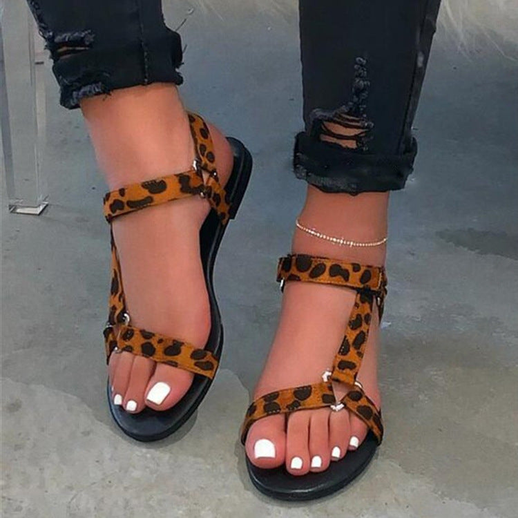 Wholesale Leopard Print Colorblock Velcro Flat Sandals