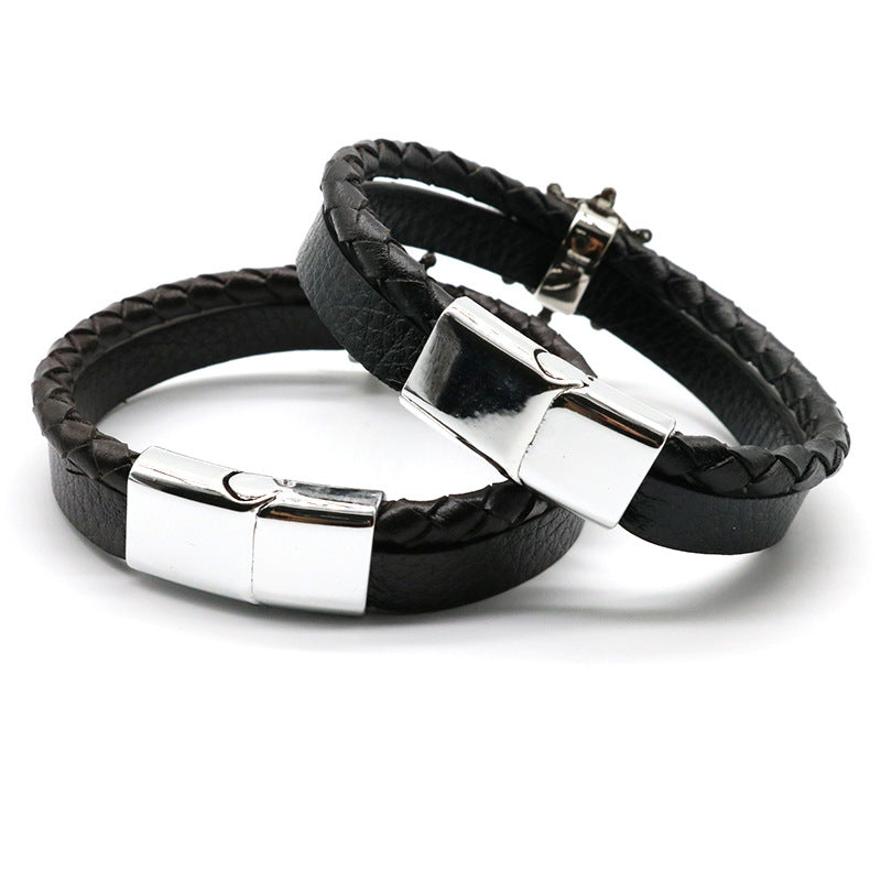 Wholesale Genuine Leather Magnetic Buckle Hand Woven Leather Rope Alloy Bracelet