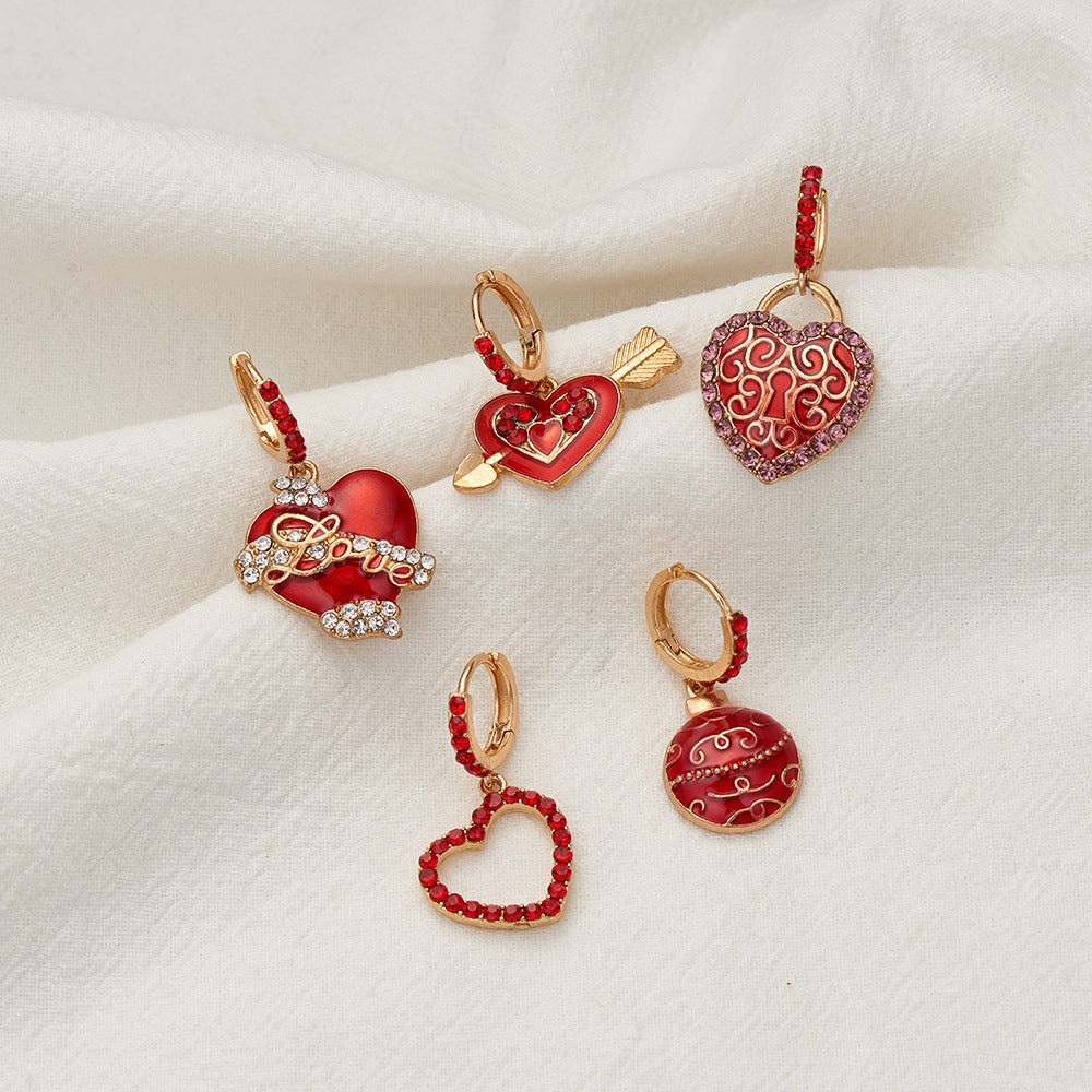 Wholesale Valentine's Day Red Diamond Studded Heart-shaped Alloy Earrings
