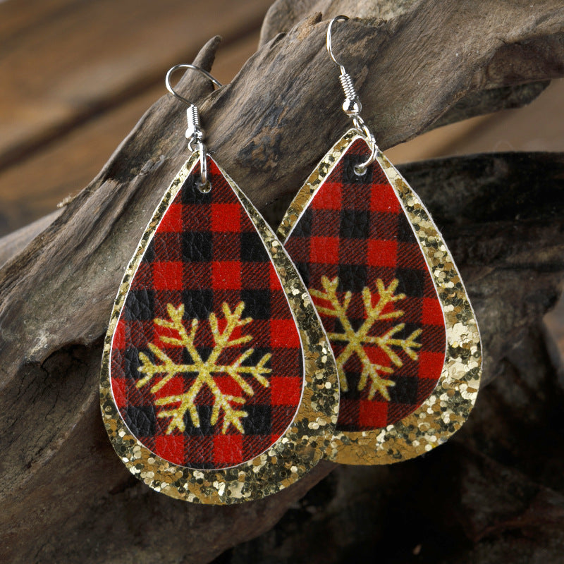 Wholesale Christmas Double Layer Water Drop Snowflake Leather Earrings