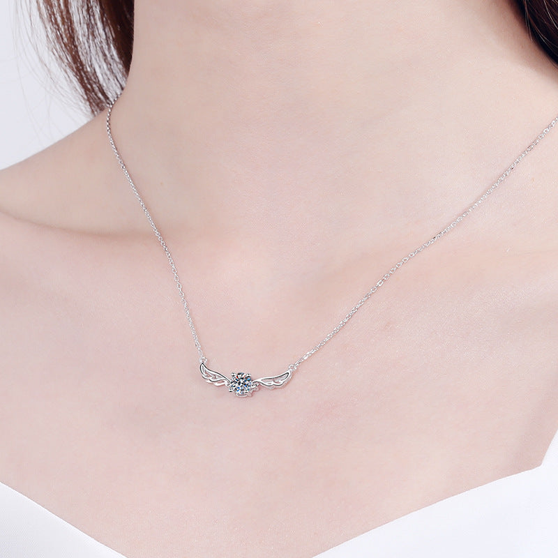 Wholesale S925 Sterling Silver Angel Wings Simulation Diamond Clavicle Necklace