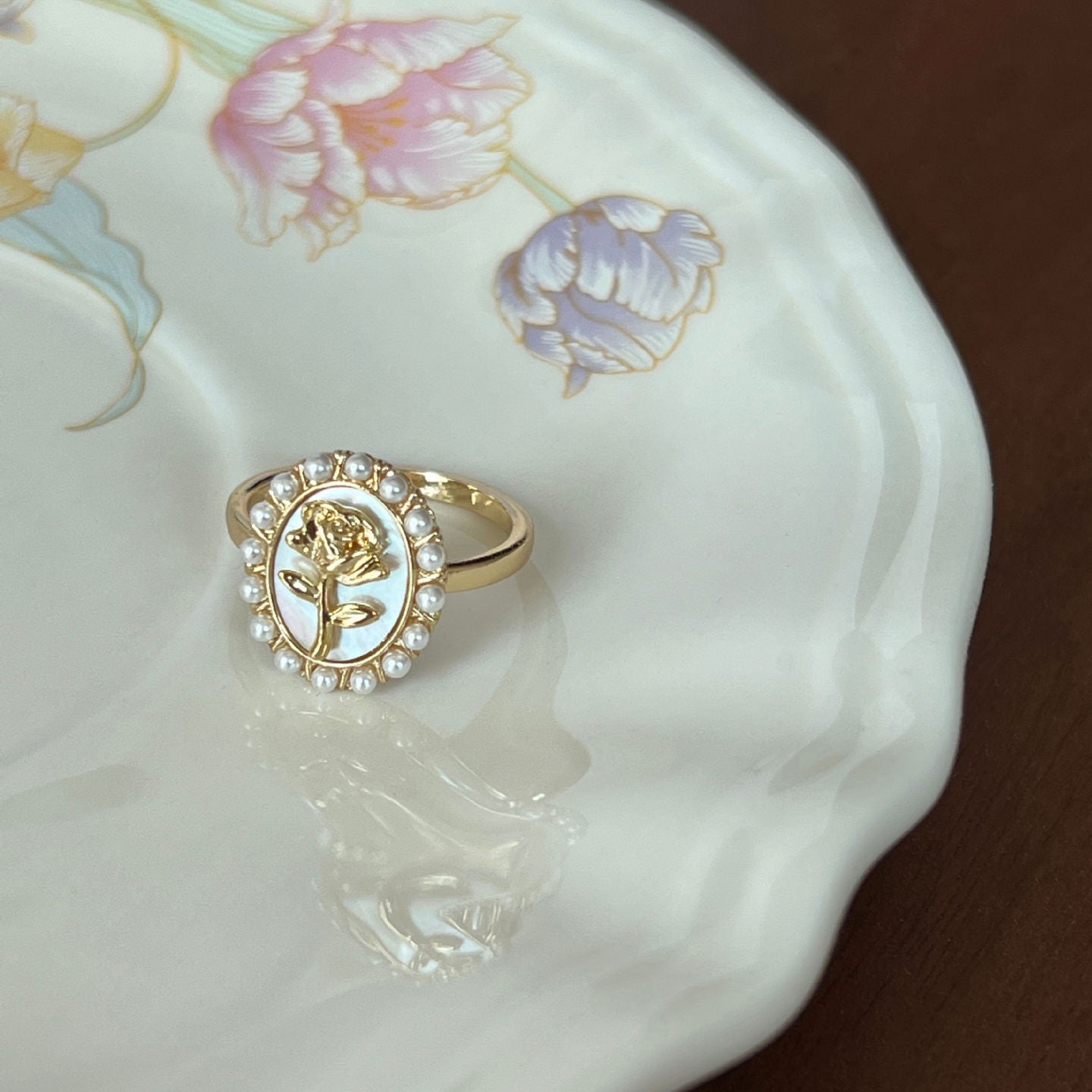 Wholesale Pearl Ring Adjustable Mother of Pearl Vintage Copper Ring