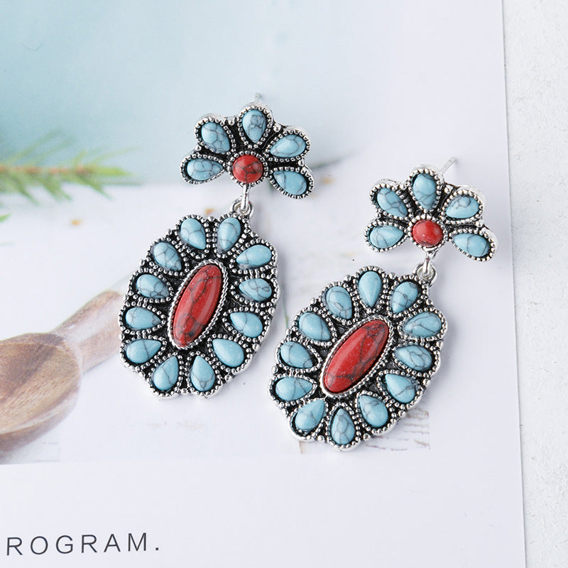 Wholesale 925 Silver Plated Turquoise Earrings Exaggerated Ear Drops